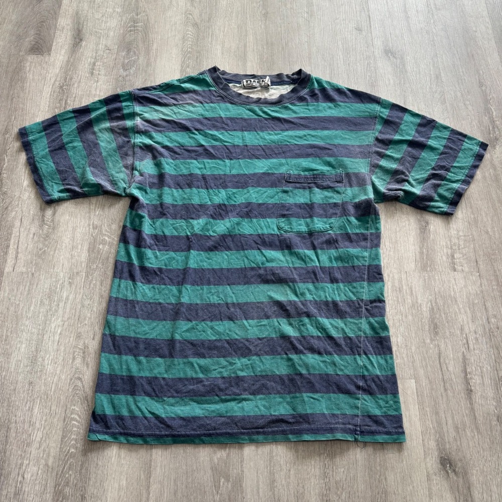 Vintage 90's Dash Mens Striped Pocket T-Shirt Navy Blue Green Size Medium surf